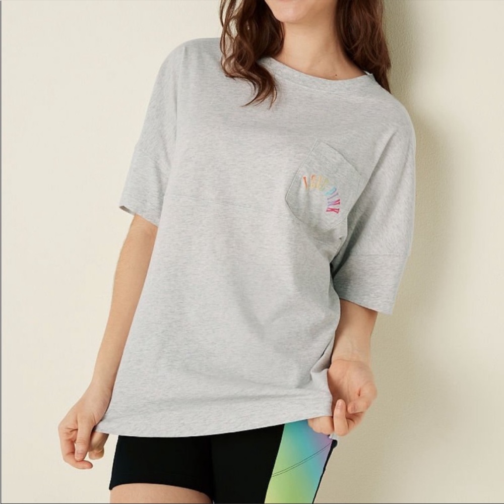 💗VS PINK NEON GREY RAINBOW OMBRE VARSITY SHORT SLEEVE CREW TEE - Picture 2 of 9